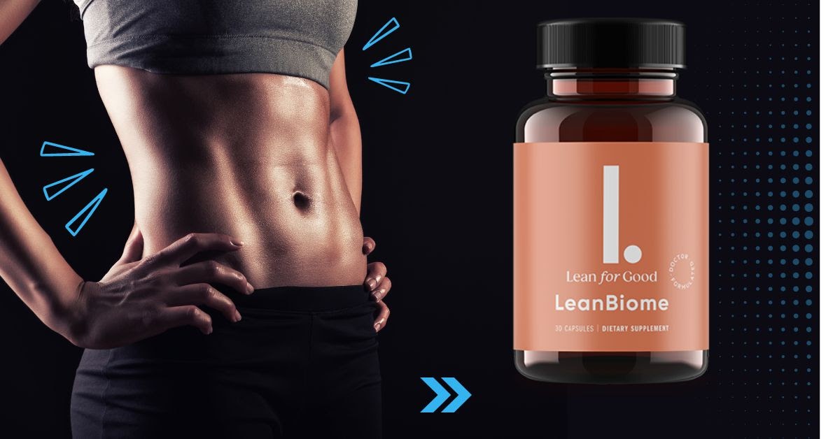 LeanBiome bottle beside an active, healthy lifestyle image
