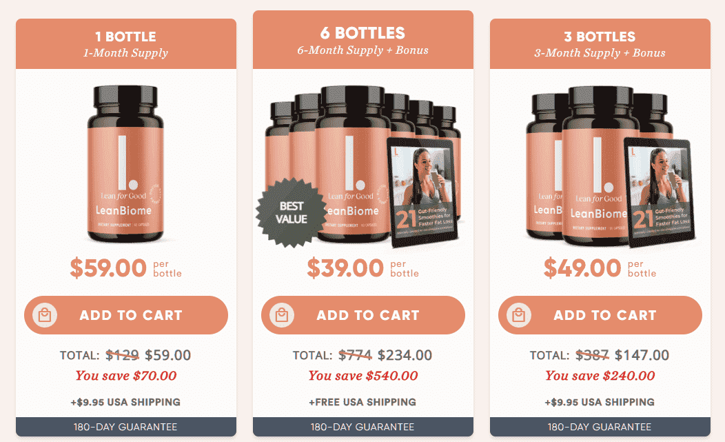 LeanBiome package options as shown on the official website